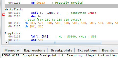 Screenshot of Emulicious' debugger, PC won't advance past $0105