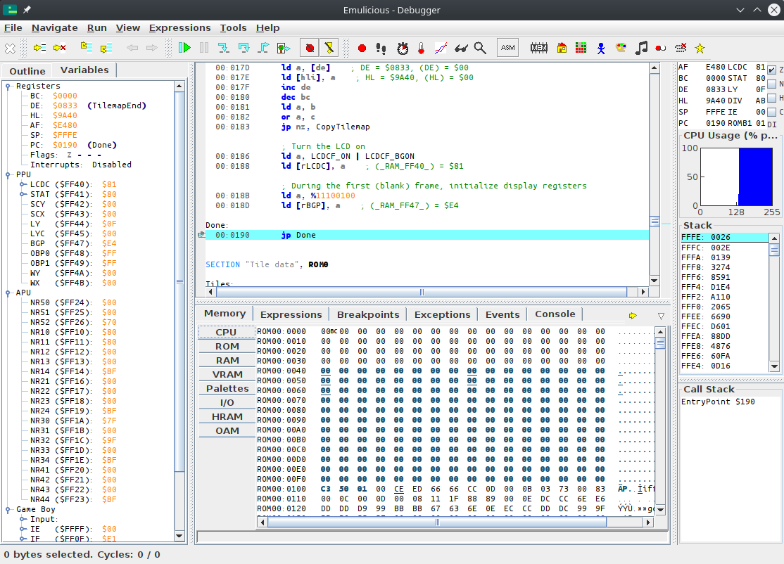 Screenshot of the debugger showing that the highlighted line corresponds to PC
